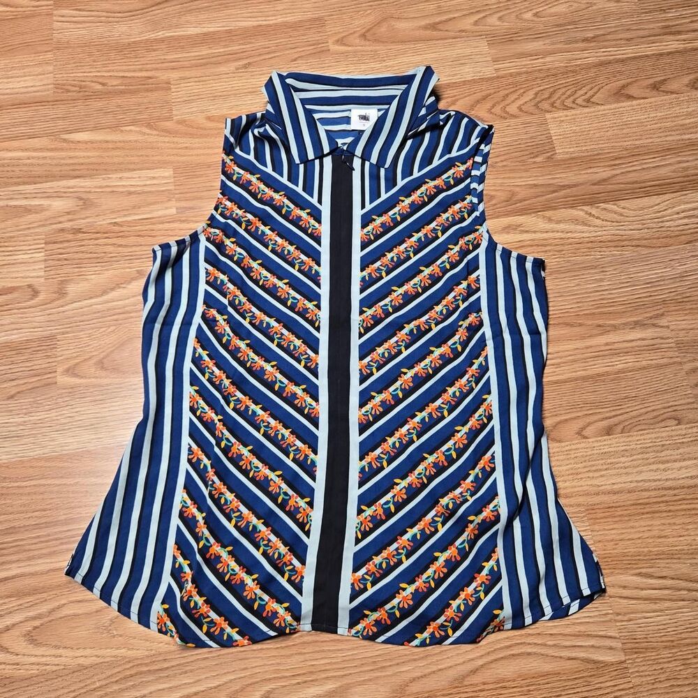 Cabi Women's Blue Striped and Orange Floral Blouse